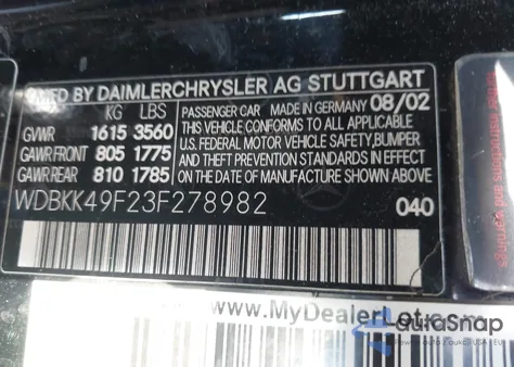 2003 Mercedes-Benz Slk 230 Kompressor from USA, damaged, VIN WDBKK49F23F278982